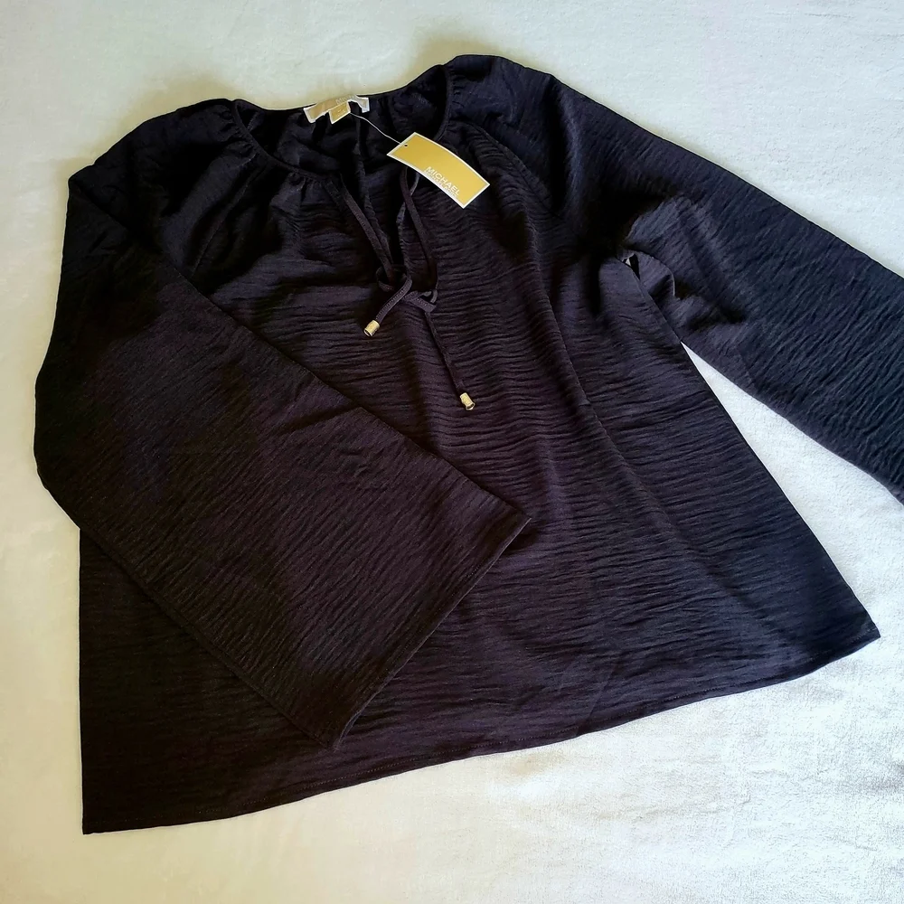 Michael Kors Dark Blouse with Tie Neck